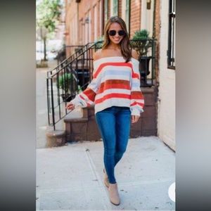 Pink Lily off the shoulder striped sweater-Size Small